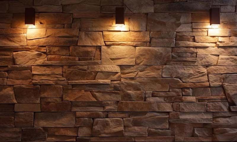 lights highlighting the stone facade behind them