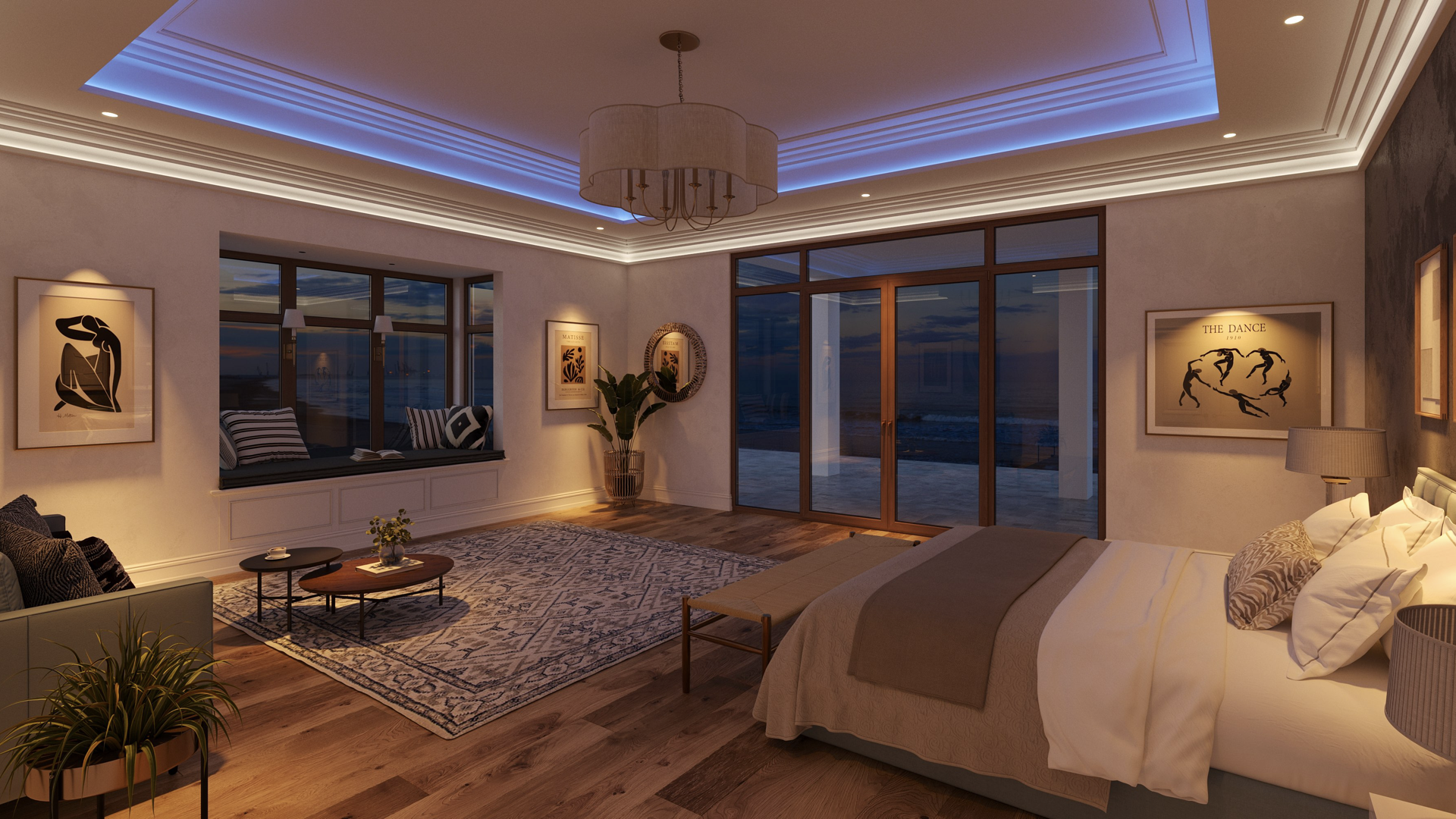 Spacious modern bedroom at dusk with a large bed, wood floors, and a patterned rug, featuring cove ceiling lighting that glows blue and white, a chandelier, and wide windows and glass doors overlooking the ocean.