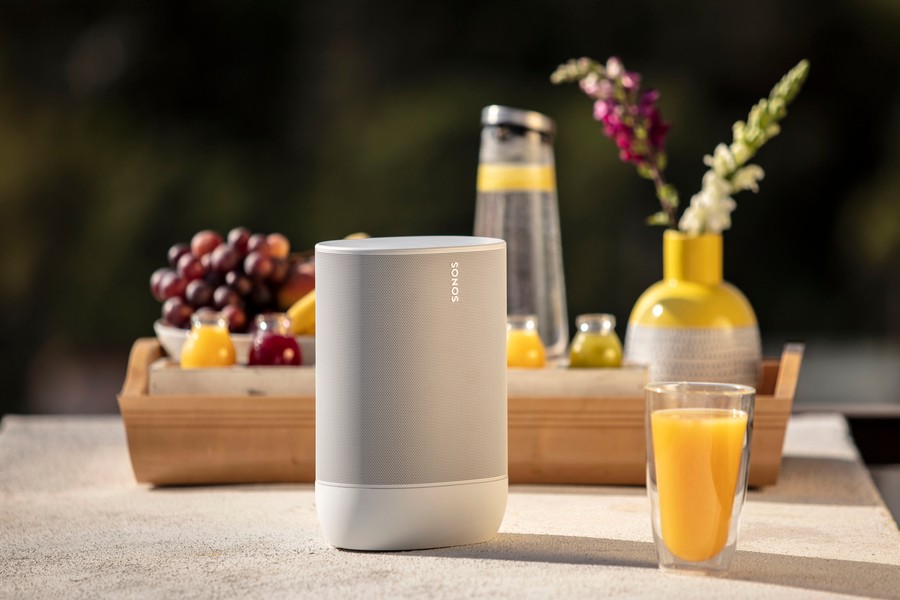 A Sonos speaker on the breakfast table. 